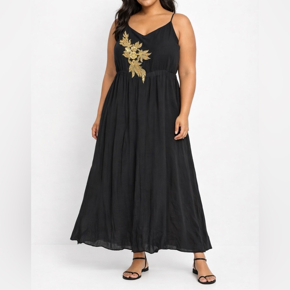 Cyrus Black Maxi Dress Size 2X Gold Sequin Sleeveless Vacation